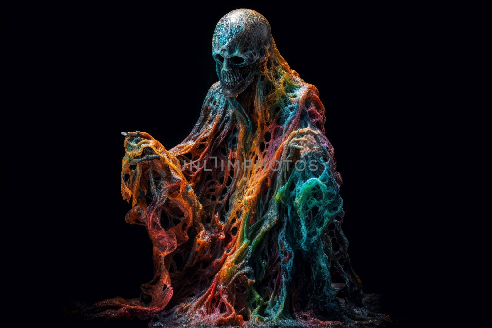 Ghost colorful skeleton. Scary sheet. Generate AI