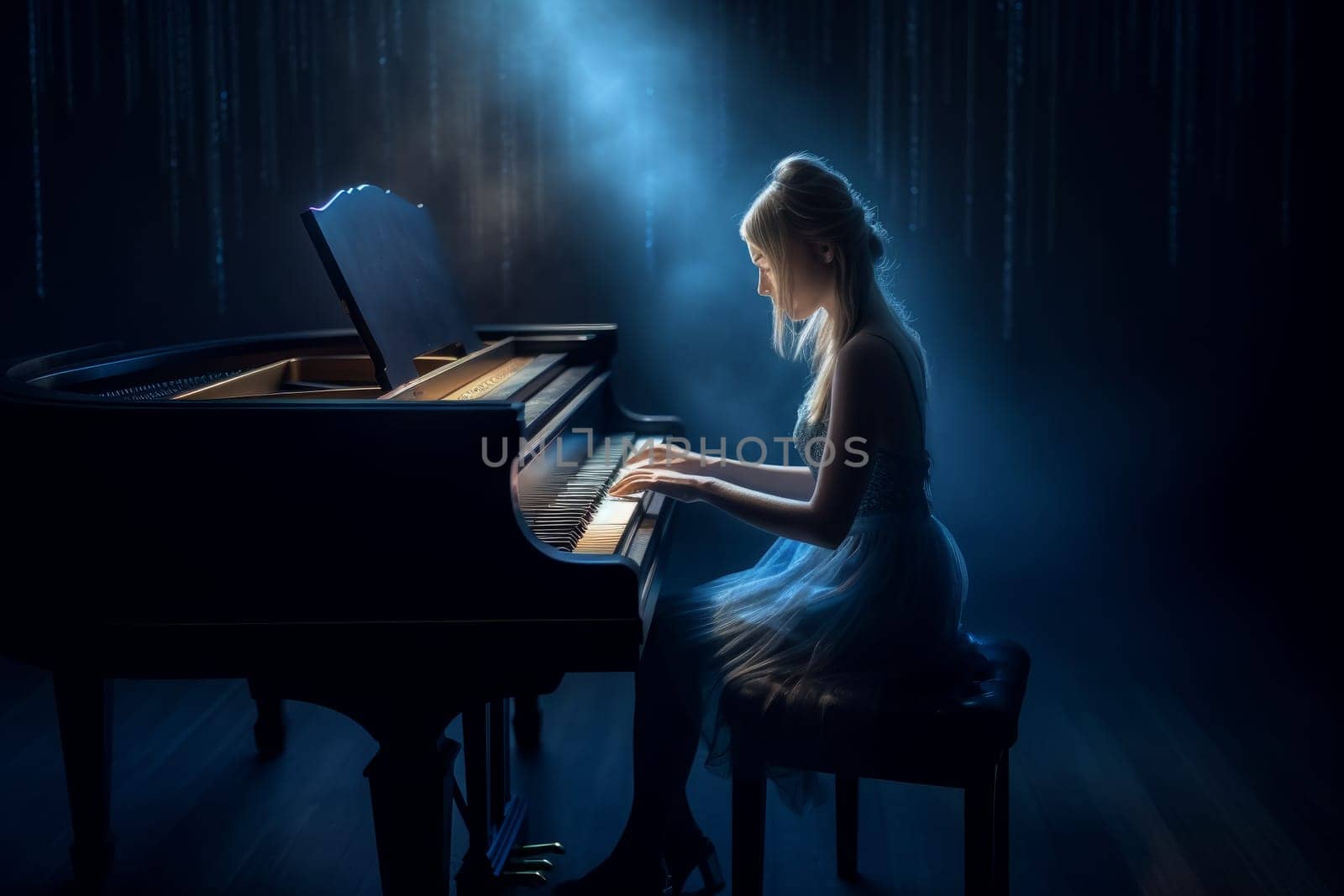 Girl plays piano in light. Kid play. Fictional person. Generate Ai