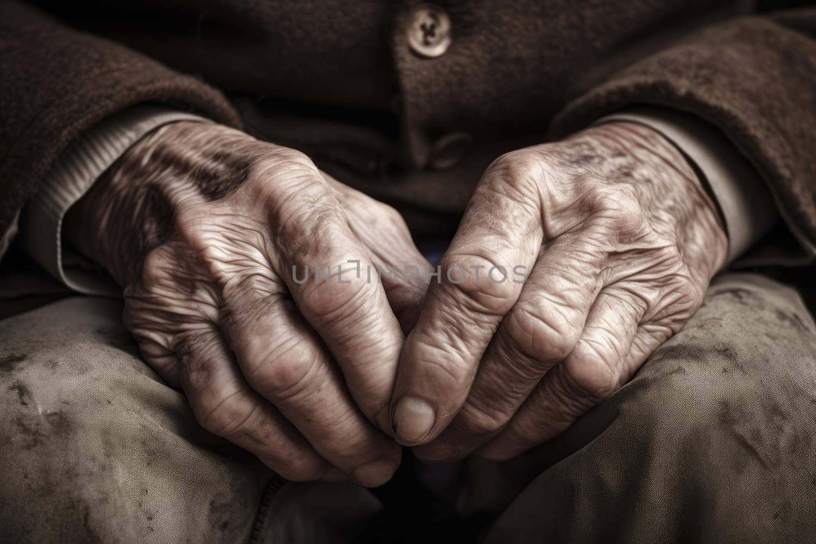 Hands old man. Home retirement. Generate Ai