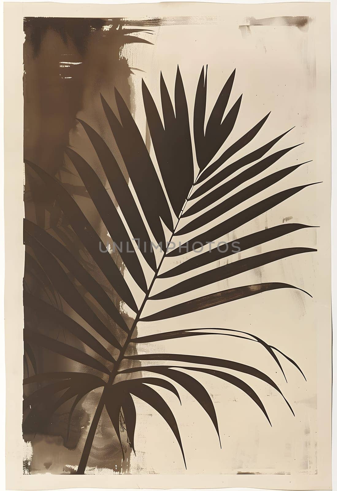A monochromatic photo of a palm tree leaf against a beige backdrop. The image captures the intricate details of the leafs featherlike structure, resembling an artistic painting