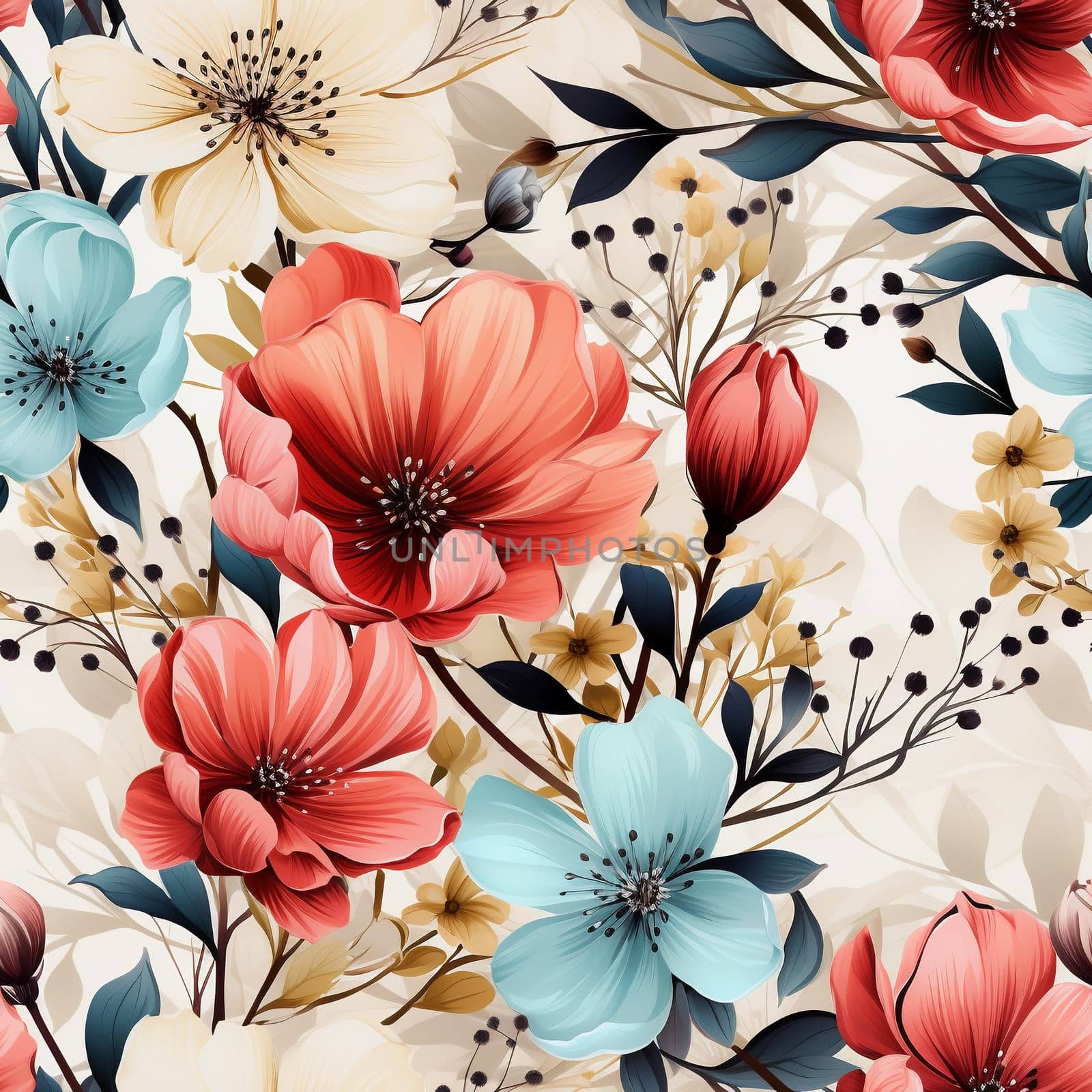 Seamless pattern tile background flowers and floral leaves plants by Nadtochiy