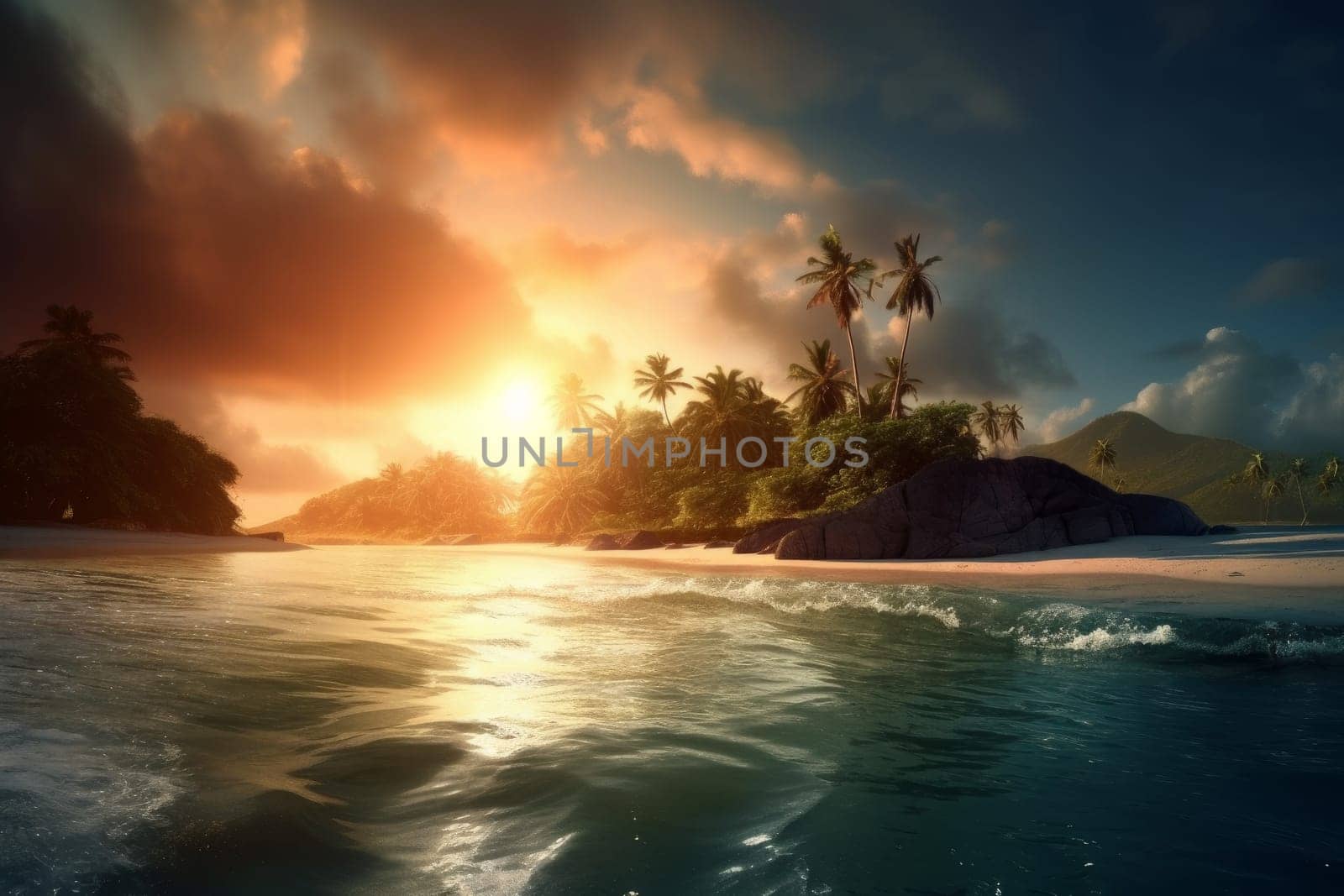 Tropical island sunset. Sea sunrise. Generate Ai