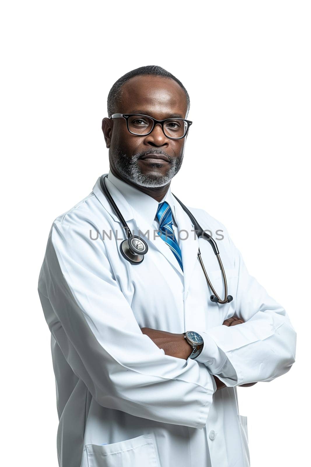 Portrait of African doctor in white uniform by Dustick