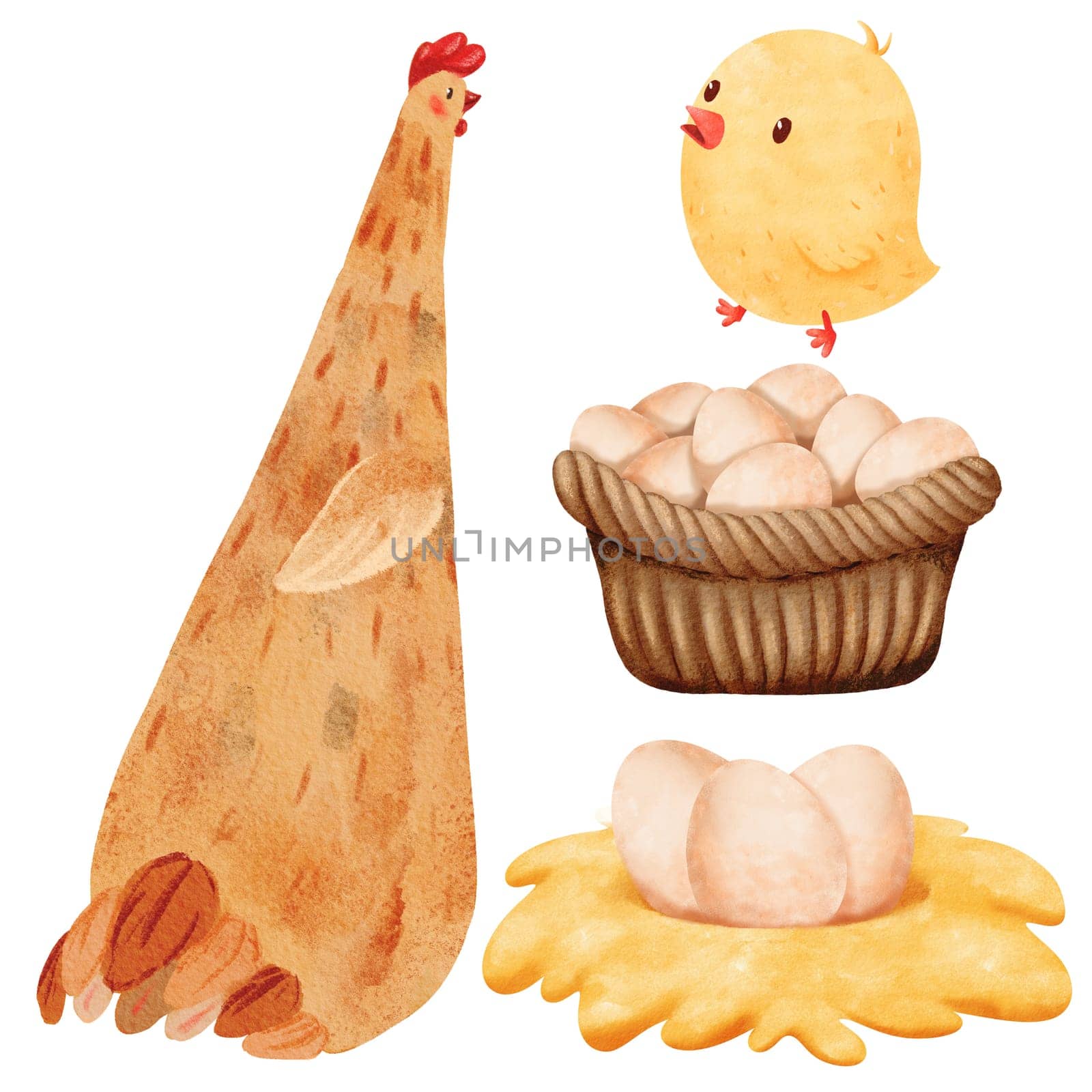 watercolor set featuring adorable chicks, hens, eggs in a basket, and eggs in a nest. farm theme, for various occasions, including birthdays and Easter. The illustrations in a playful cartoon style.