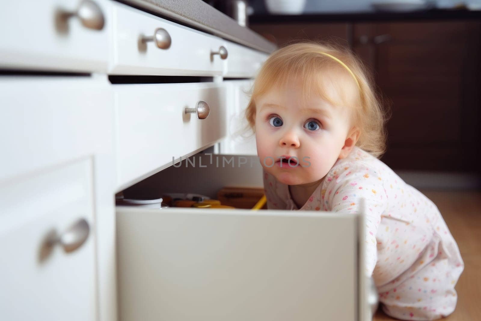 Child exploring kitchen drawer. Cute person. Fictional person. Generate Ai