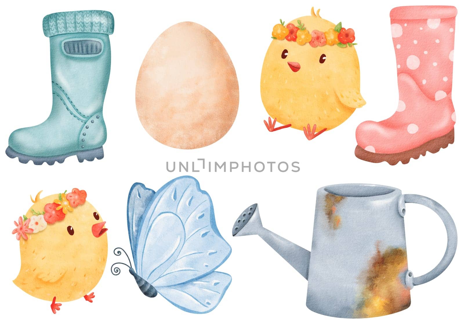 watercolor set. rubber boots, chicks adorned with floral wreaths, a blue butterfly, a hen's egg, and a rusty watering can. farm-themed designs, and creative projects in need of a rustic flair.