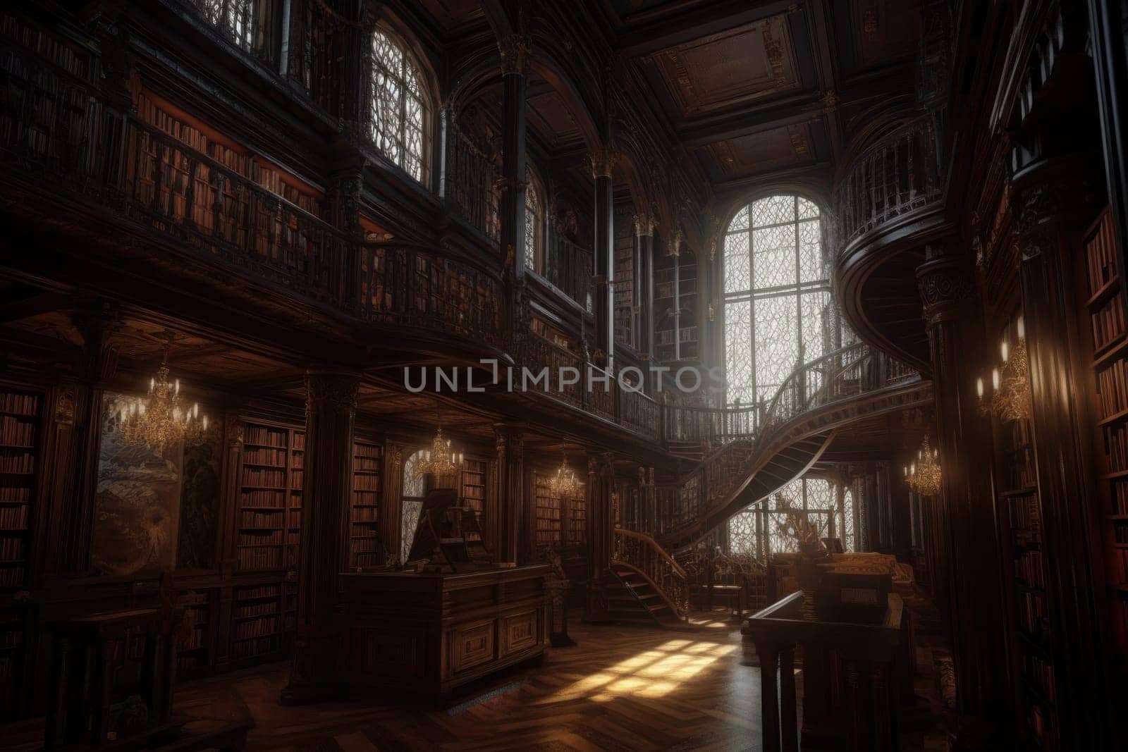 Magnificent library. Old interior room. Generate Ai