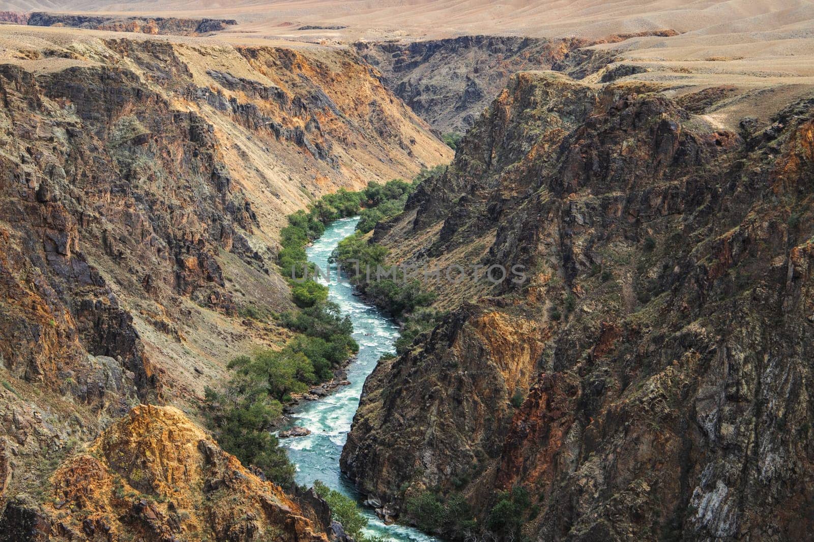 Upper part of the Charyn River, which flows through the Charyn Canyon in Kazakhstan in the Almaty region.