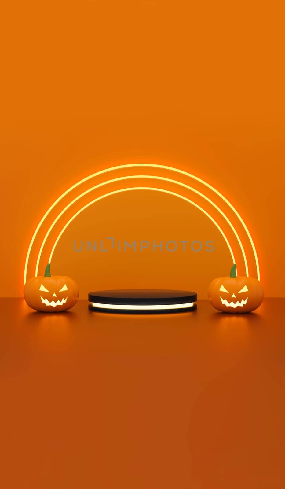 Empty halloween with podium platform cylinders with light neon and pumpkins halloween for product display in orange background. 3d rendering. Vertical Size.