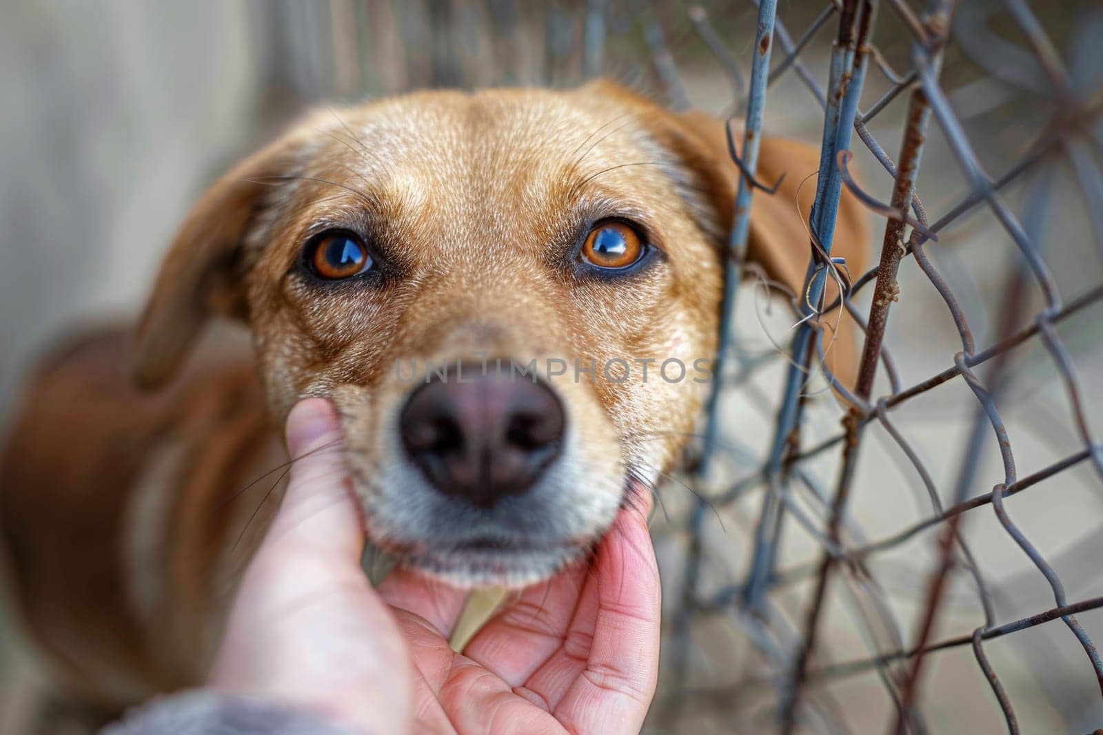 man hold Sad large dogs caught in cage. Generative AI.