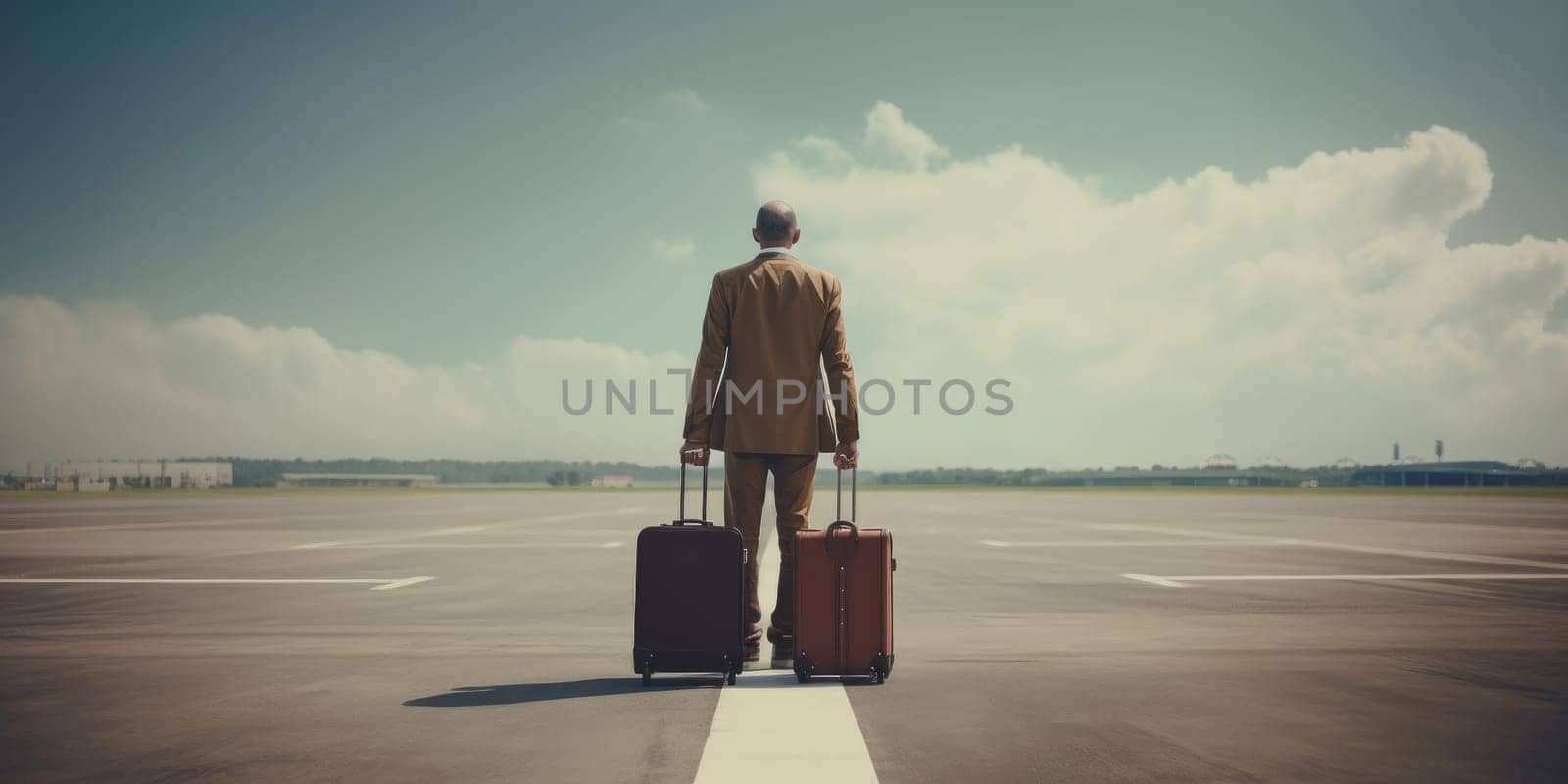 Man suitcase luggage travel. Mobile flight. Generate Ai