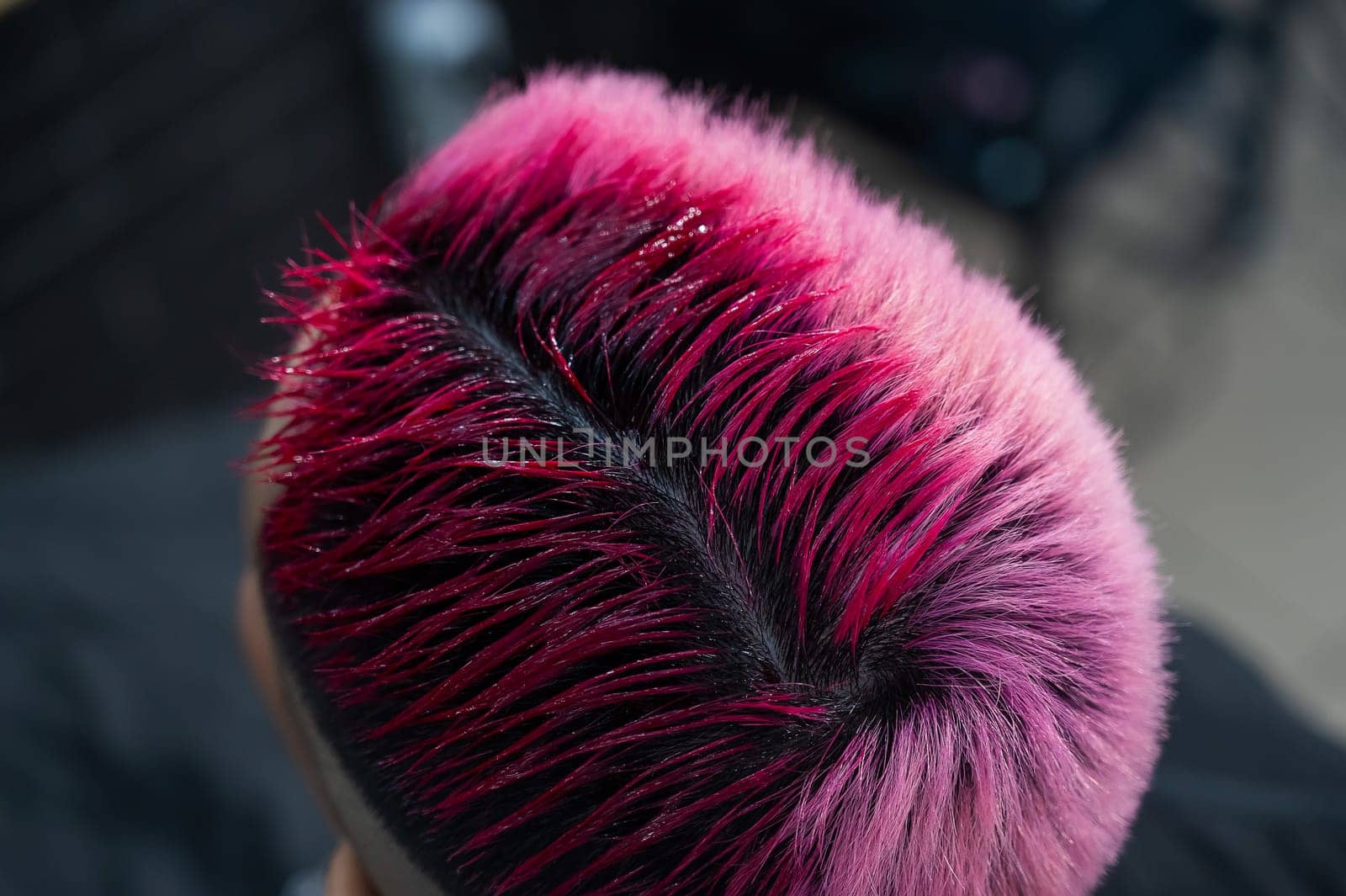 Asian woman dyeing her hair pink at the barbershop. by mrwed54