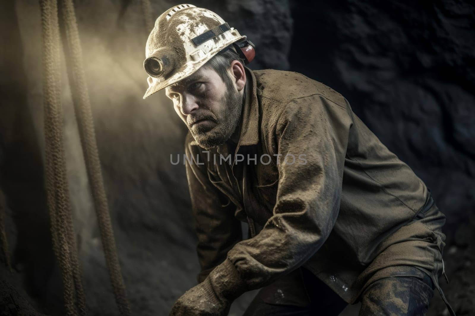 Miner digging mine. Coal work dig. Fictional person. Generate Ai