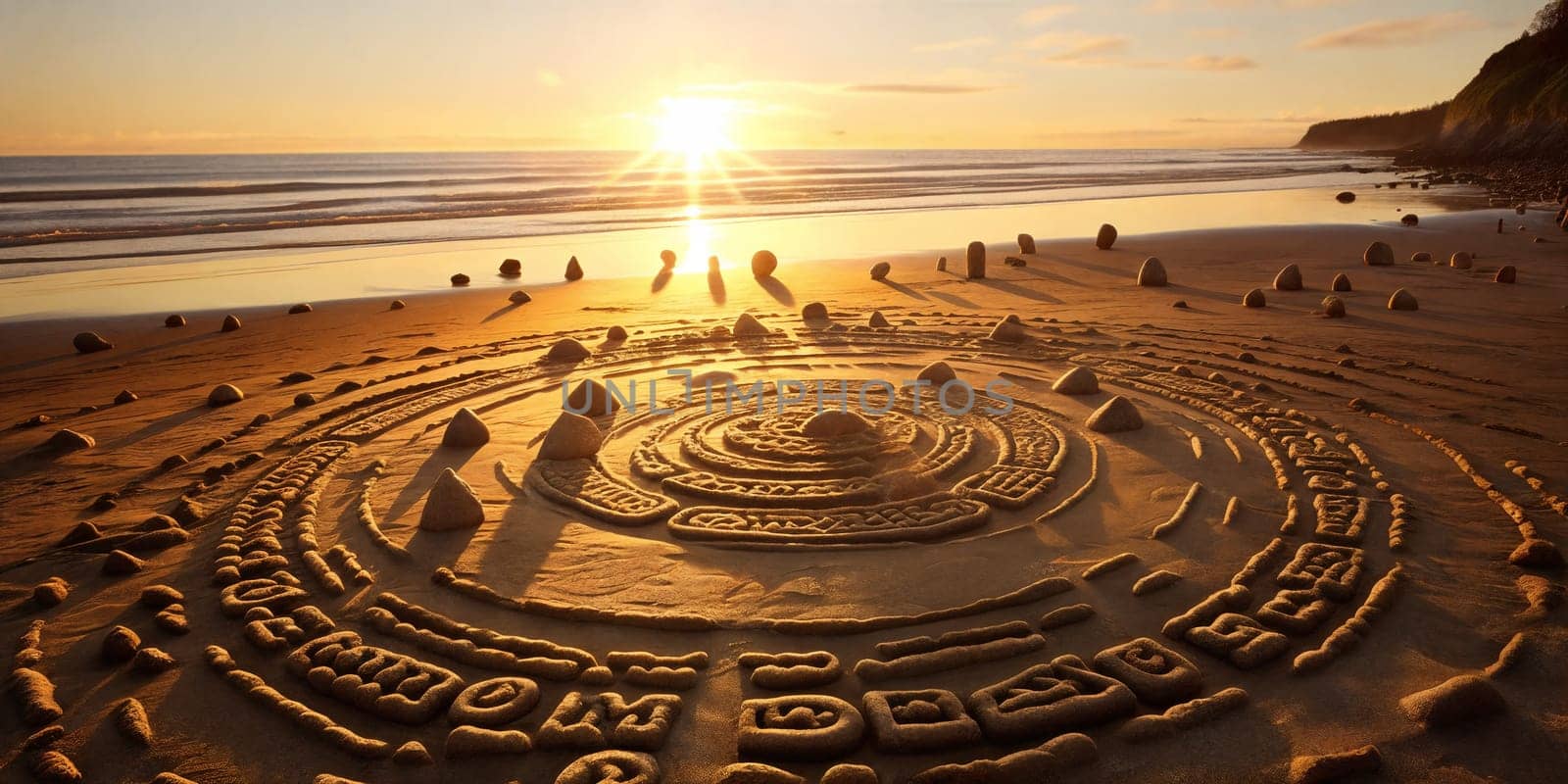 Pattern of stones on a sandy beach, illuminated by the warm colors of a sunset.