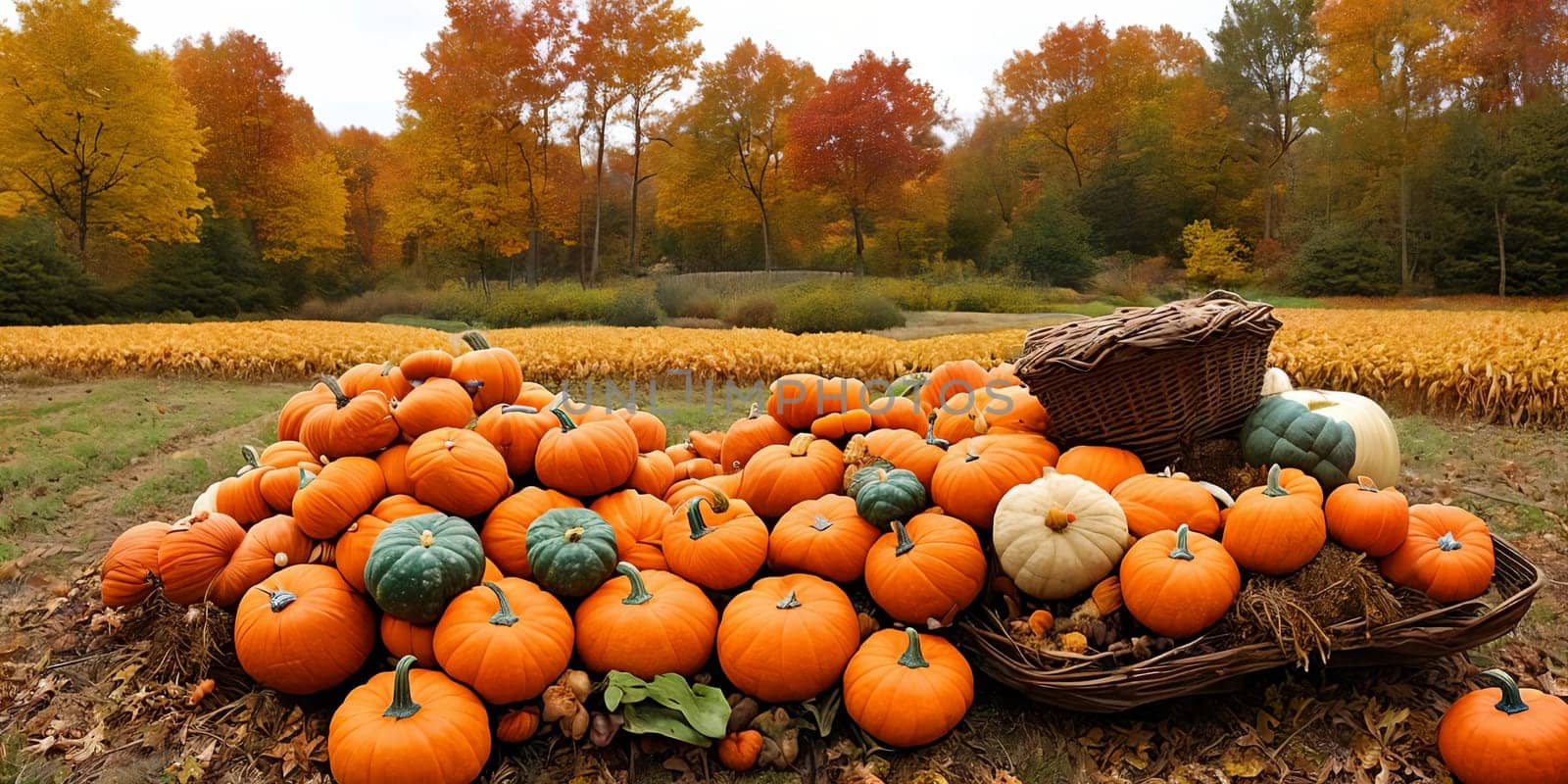 Rural fall harvest. Beauty of autumn harvests, including pumpkins, corn fields. Generative AI