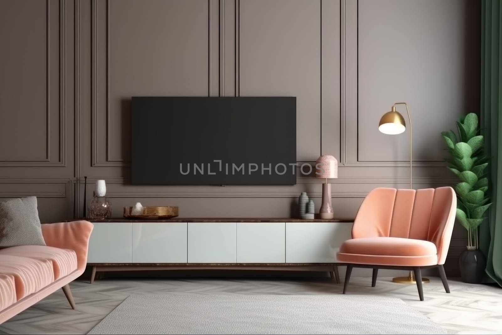 Modern tv cabinet armchair furniture. Floor decor. Generate Ai