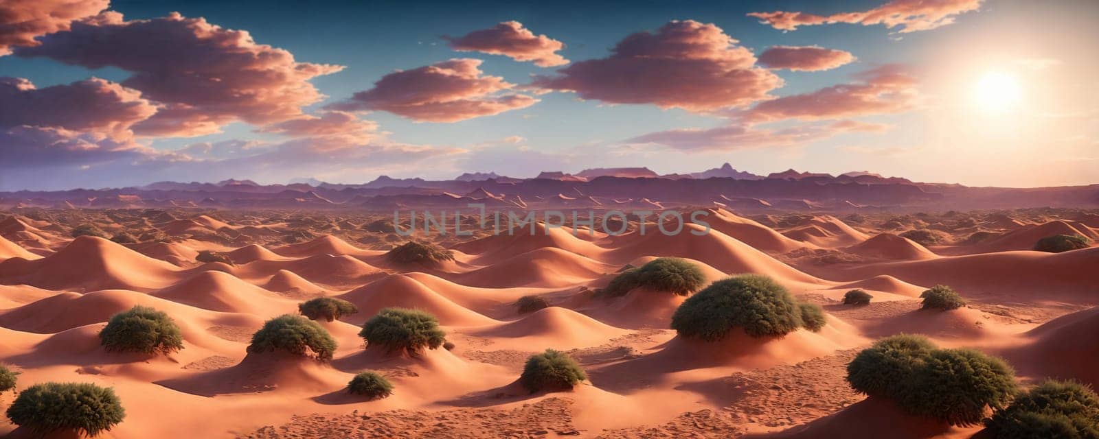 A vast desert expanse with rolling dunes under a cloudy, sunny sky. Generative AI