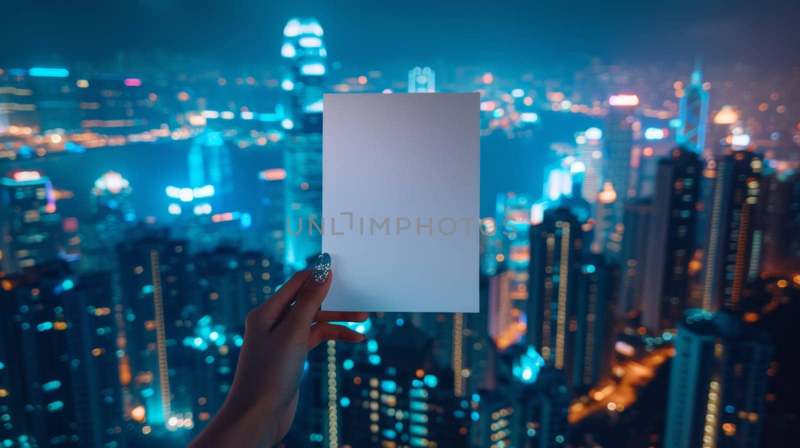 A person holding up a blank piece of paper in front of city lights, AI by starush