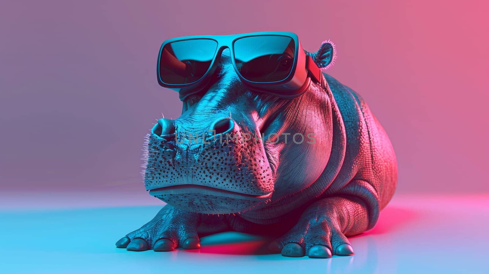 A hippo wearing sunglasses and a hat sitting on the floor, AI by starush