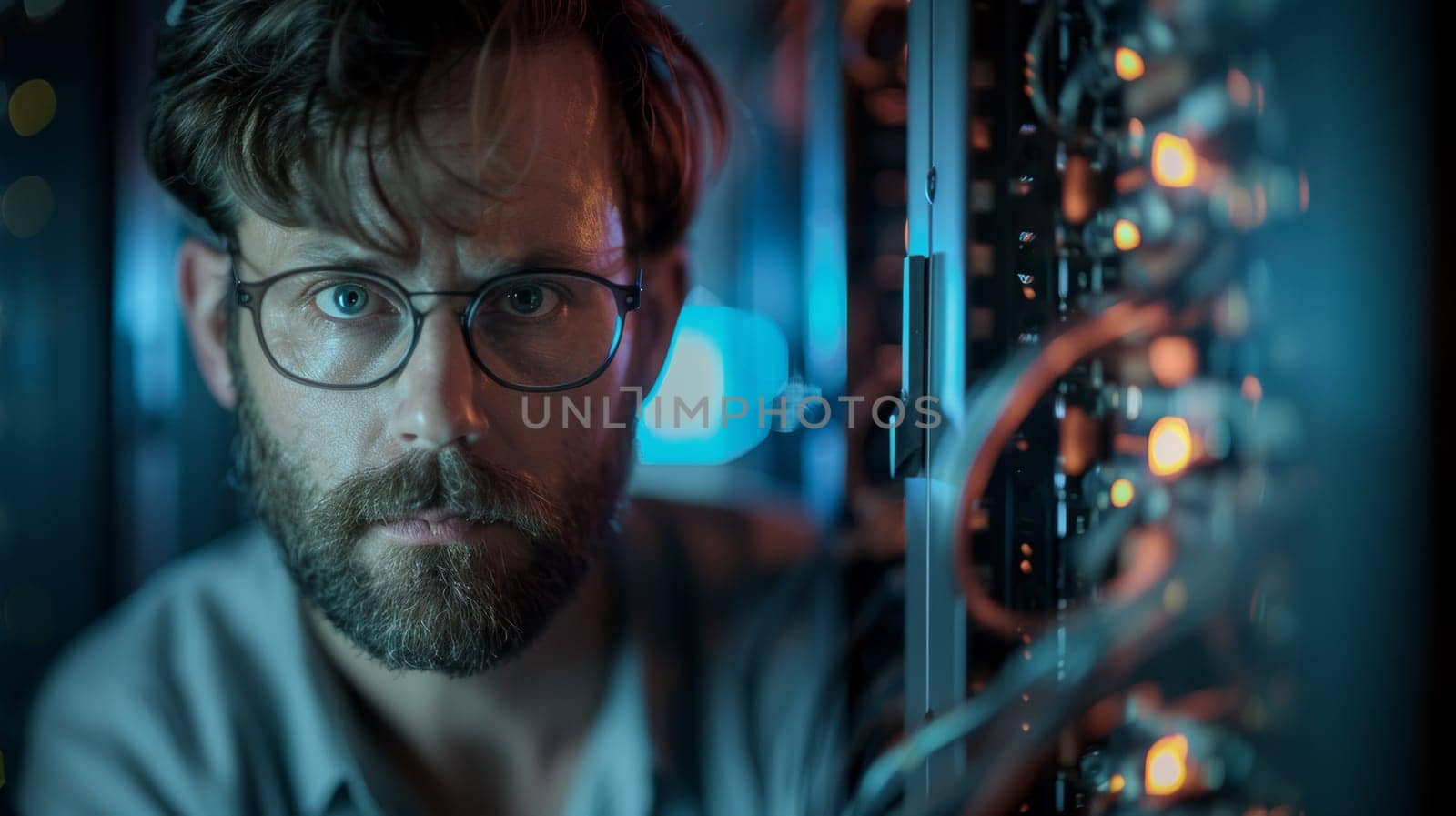 A man with glasses looking into a computer server, AI by starush
