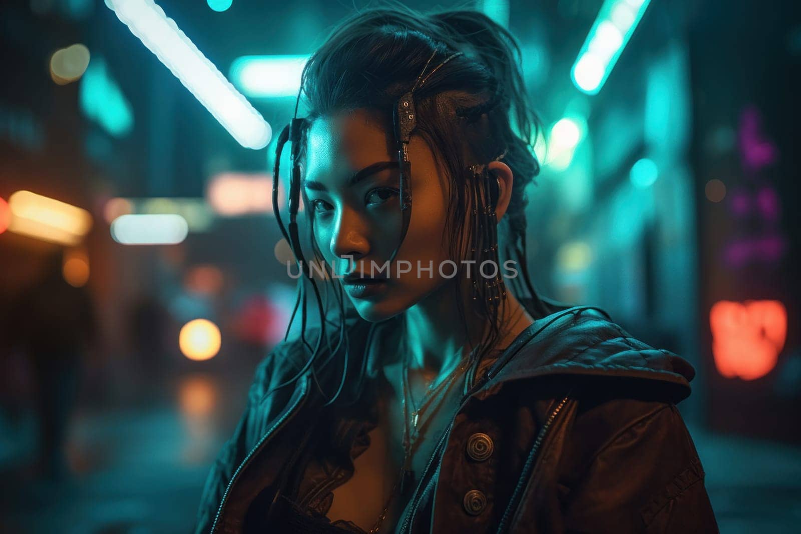 Neon cyberpunk woman. Digital gamer. Fictional person. Generate Ai