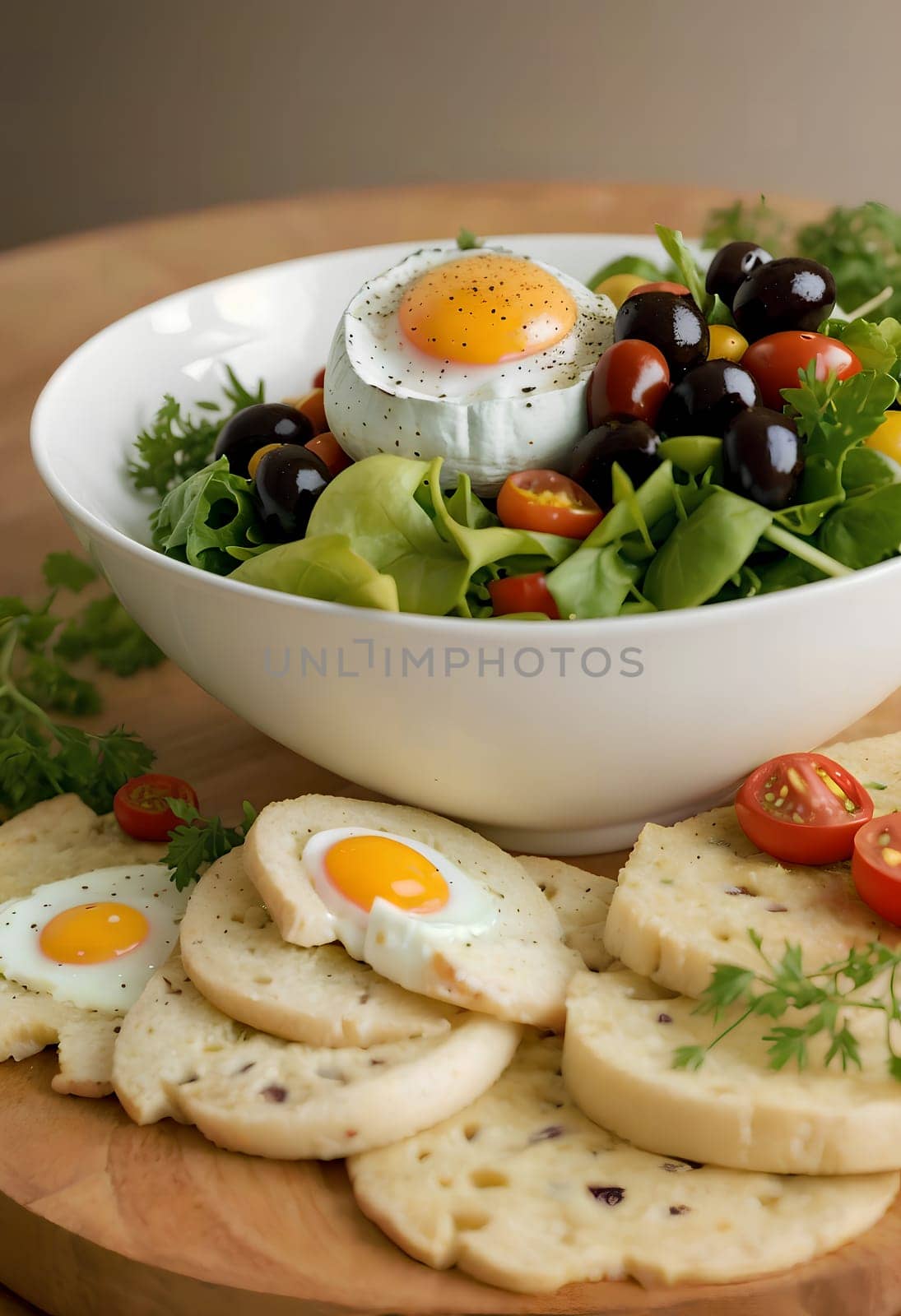 spring salad with lettuce, mushrooms, egg,cheese, herbs and other vegetables in a bowl. AI generated image.