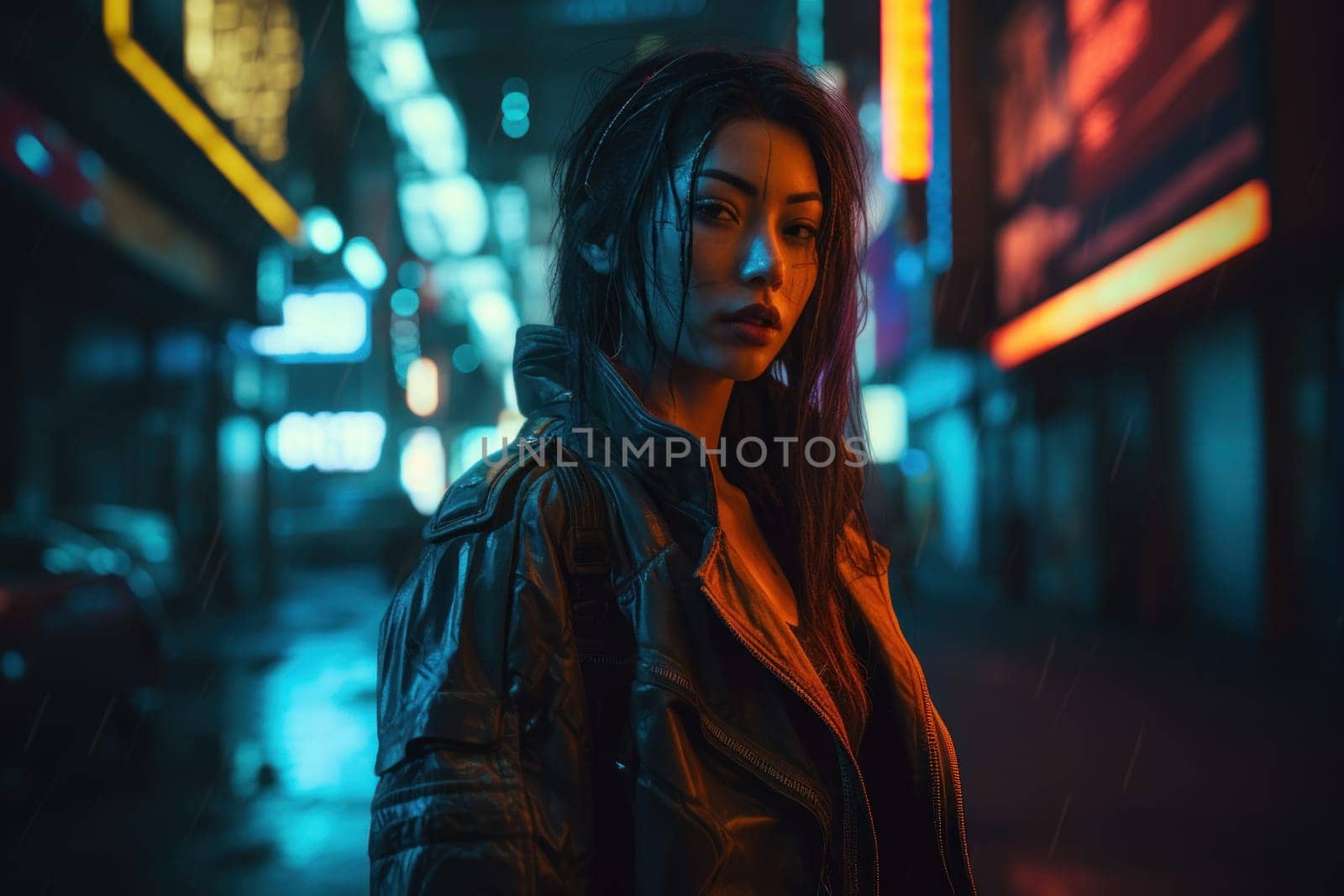 Neon cyberpunk woman future. Game fantasy. Fictional person. Generate Ai