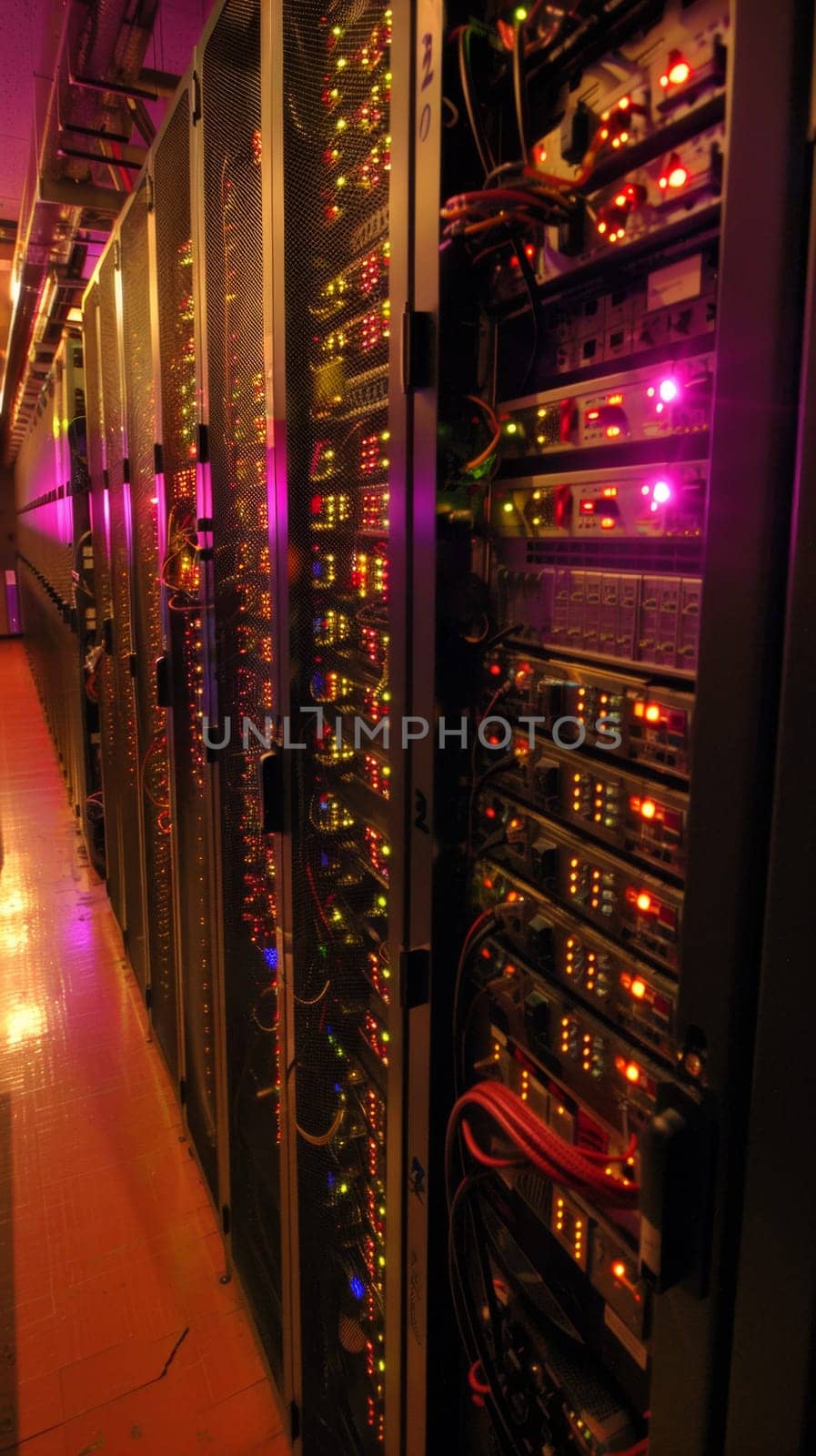 A row of servers in a data center with lights on