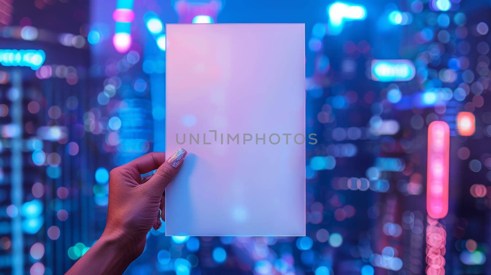 A person holding a blank piece of paper in front of city lights, AI by starush