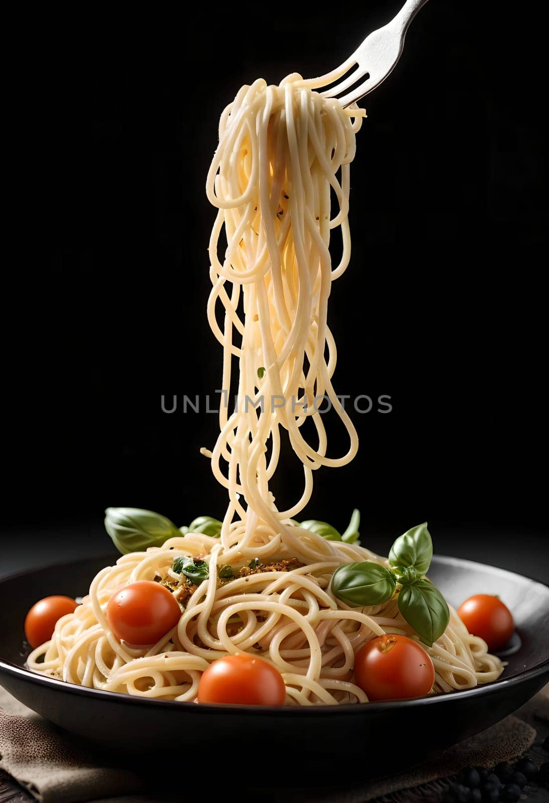 cooked spaghetti with cheese isolated on black background. AI generated image.