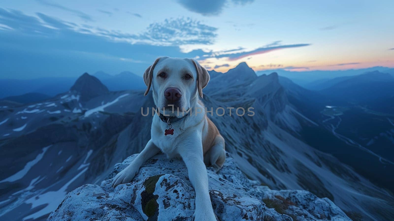 A dog sitting on top of a mountain with mountains in the background, AI by starush