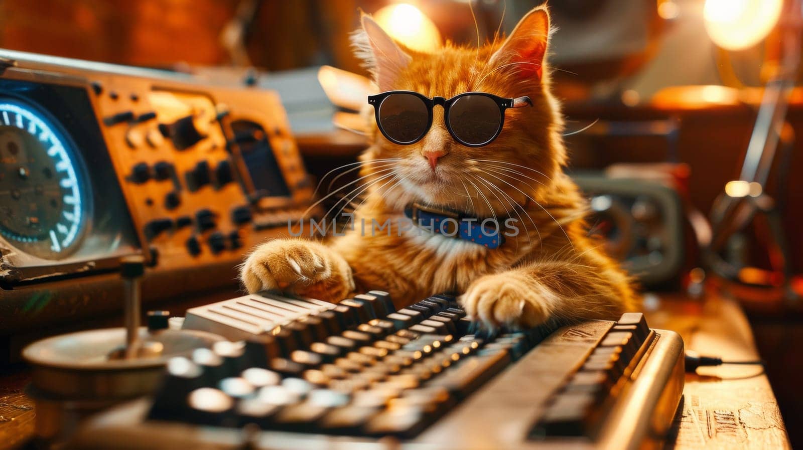 A cat wearing sunglasses and a keyboard with lights on it