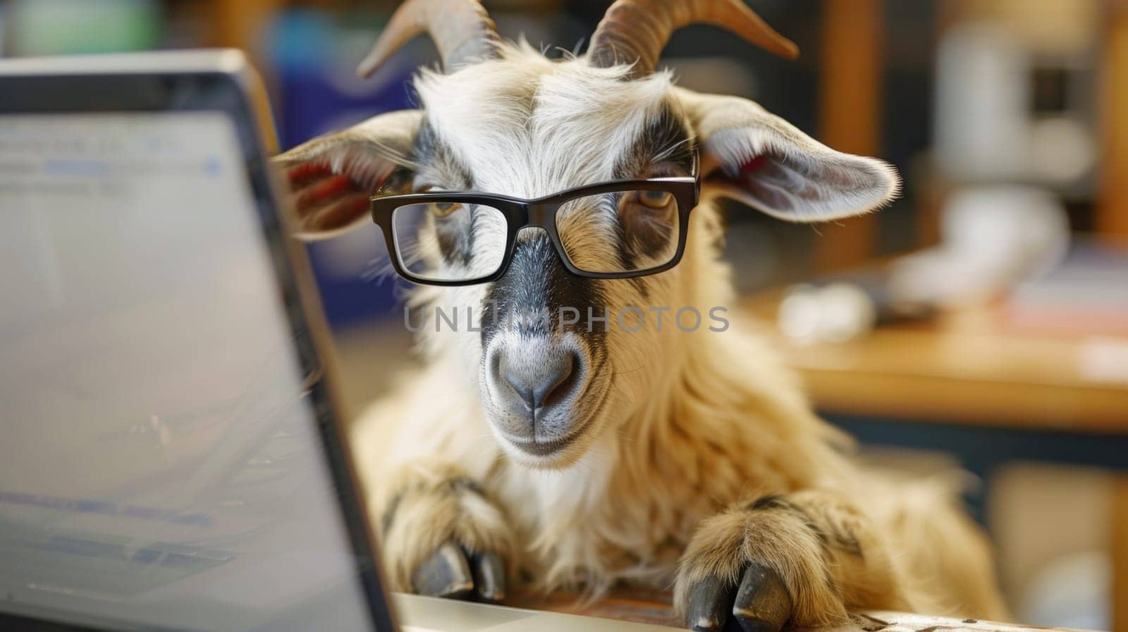 A goat wearing glasses and sitting at a computer desk, AI by starush