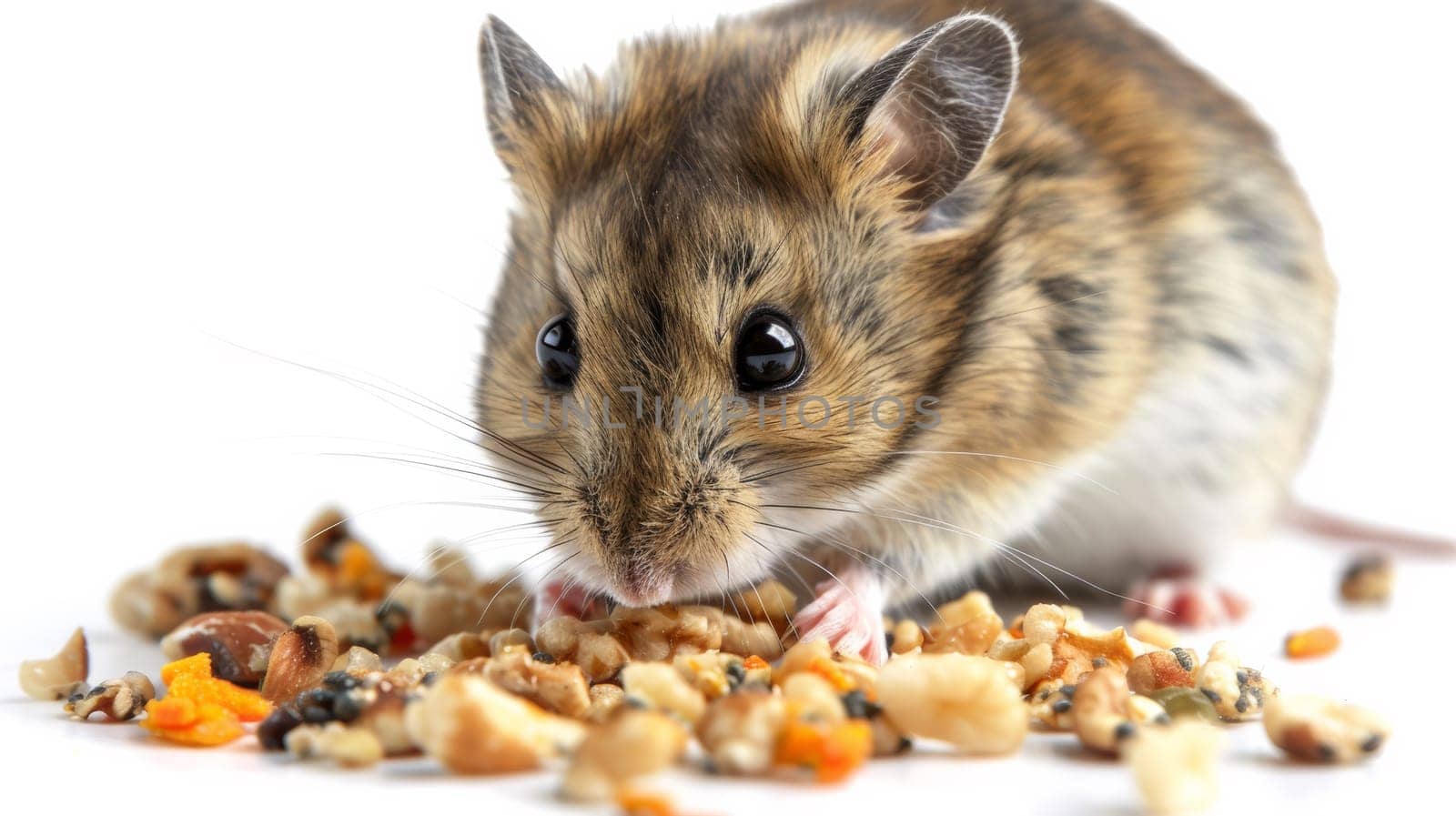 A mouse eating a pile of food on the ground