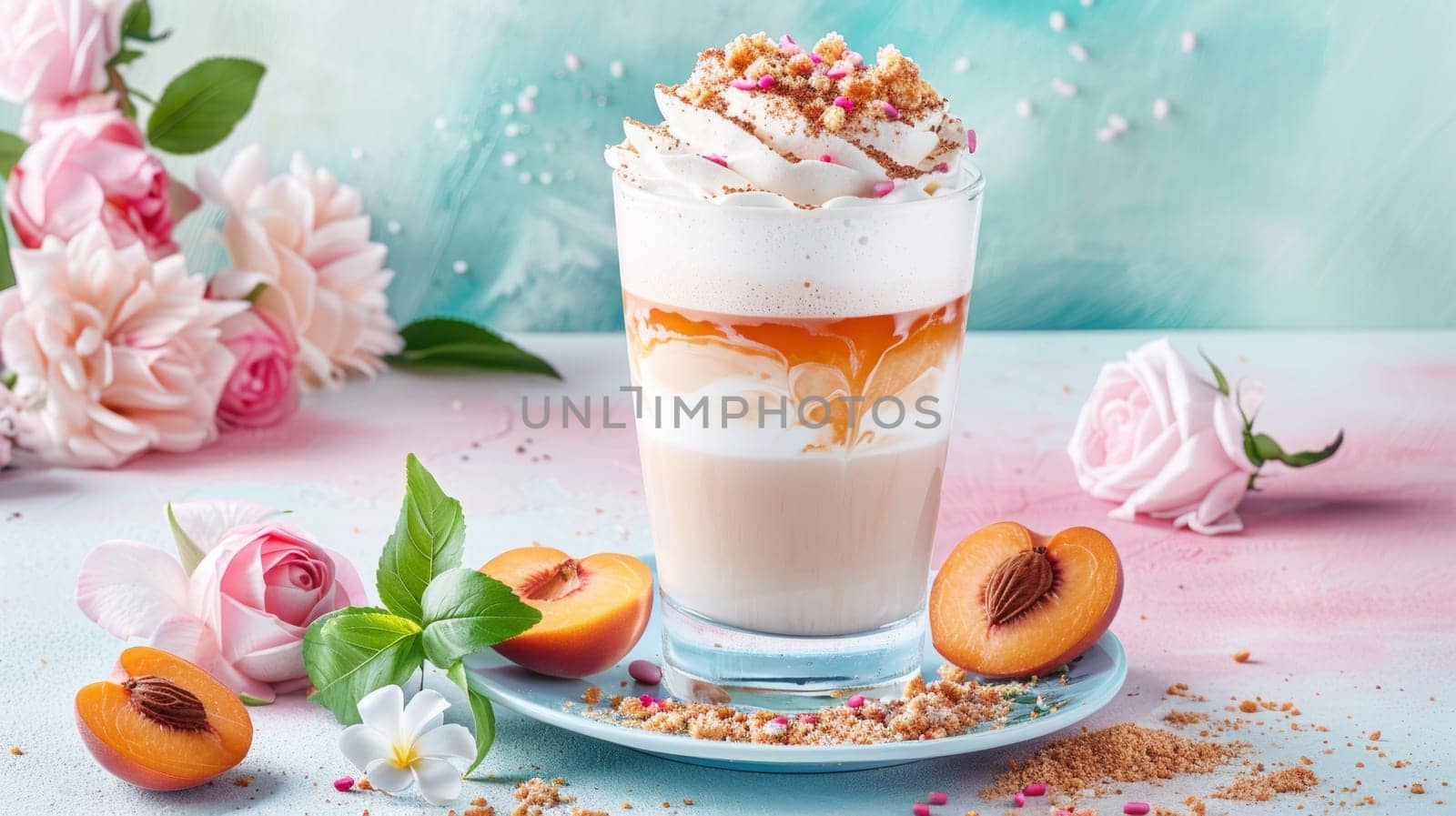 A glass of a drink with whipped cream and peach slices, AI by starush