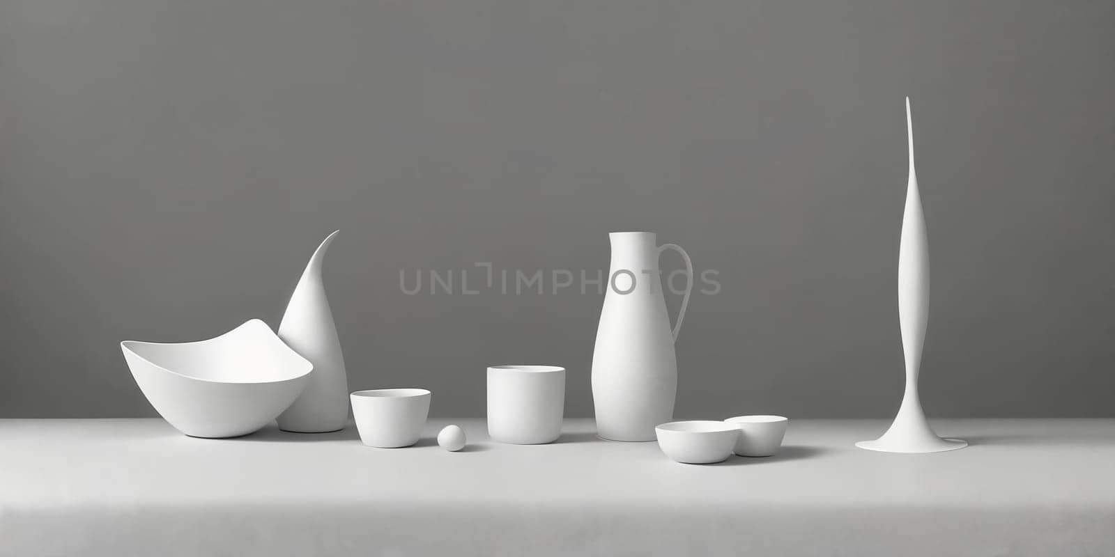 Composition of simple objects against plain grey background. Ai Generative