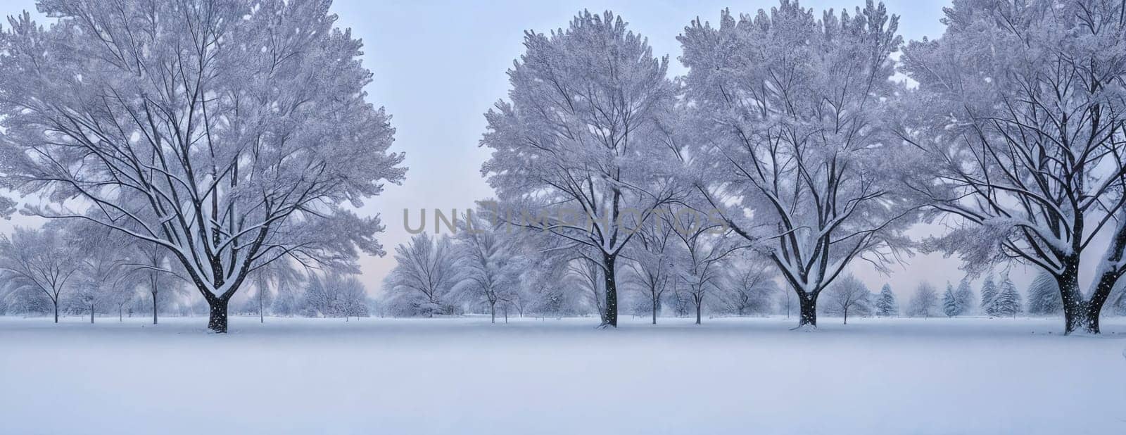 A serene winter landscape, picturesque panorama. Snow-covered landscapes, frost-covered trees, and wintery scenes. Generative