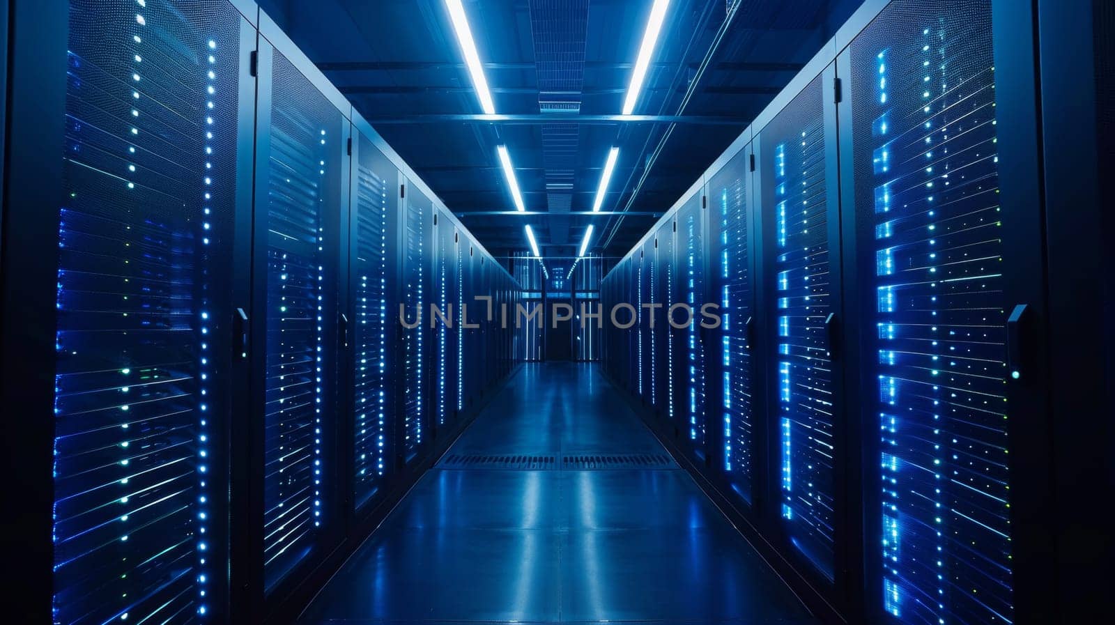 A long hallway with rows of servers and blue lights