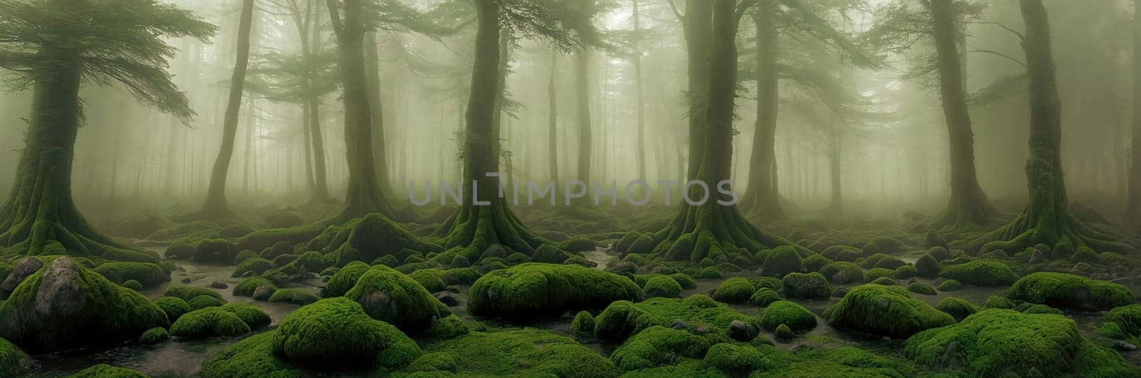 Welcome to the Mystical Forest Ancient trees cloaked in mist, moss-covered rocks, light filtering through the foliage. Discover enchantment in every corner of this ethereal realm. Generative AI.