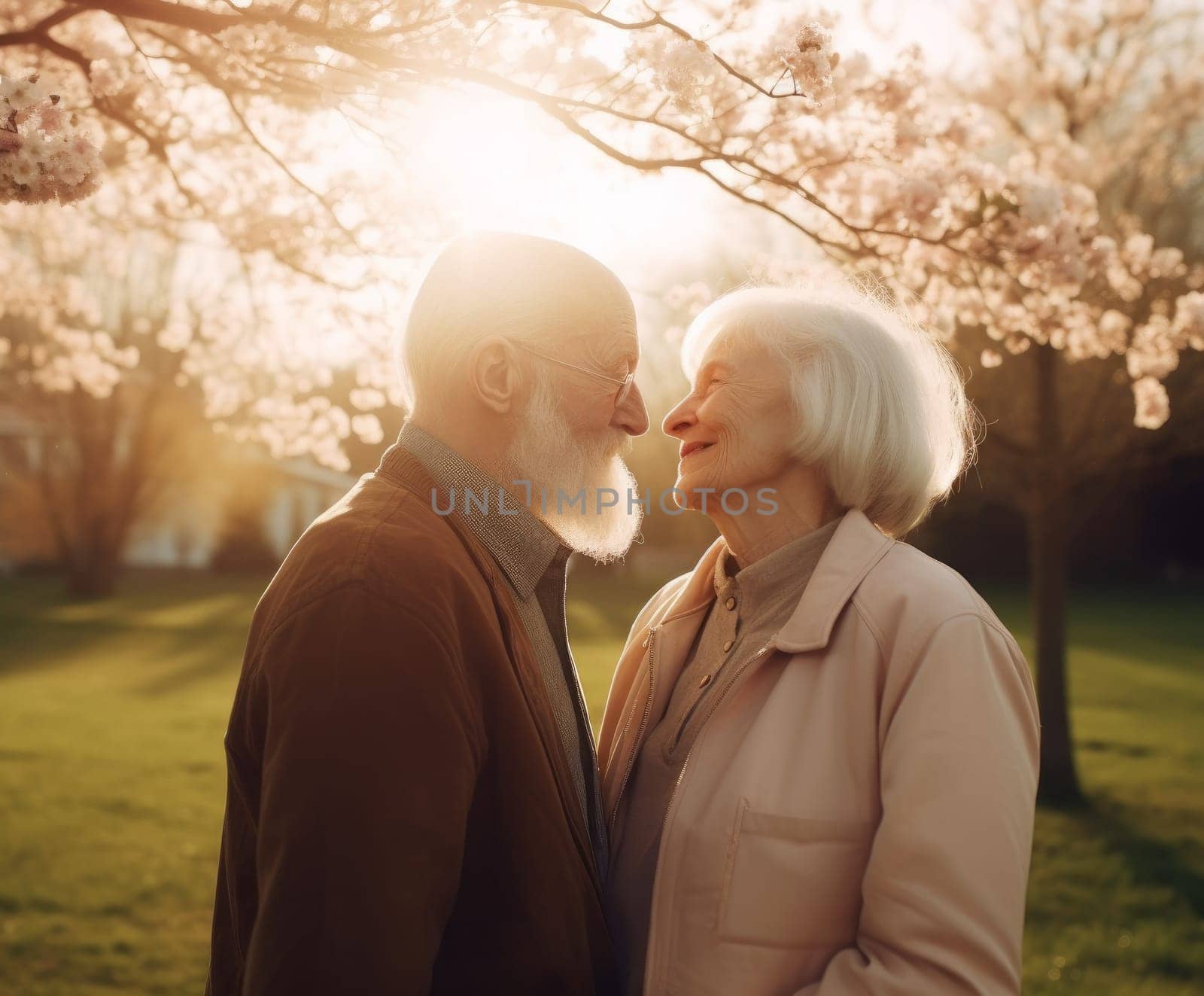 Senior couple walking park spring. Sunshine person. Fictional person. Generate Ai
