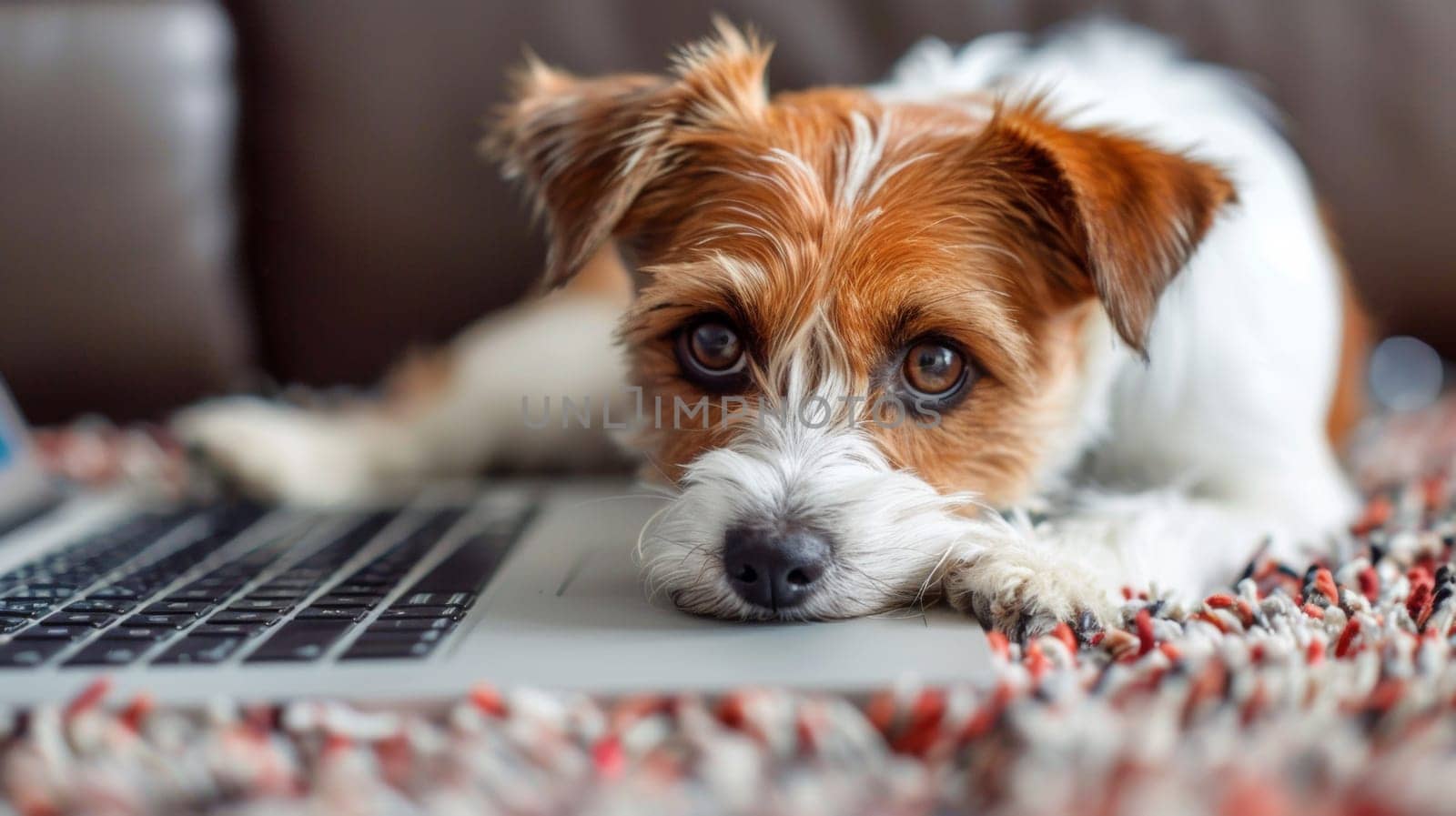 A small dog laying on a rug next to an open laptop