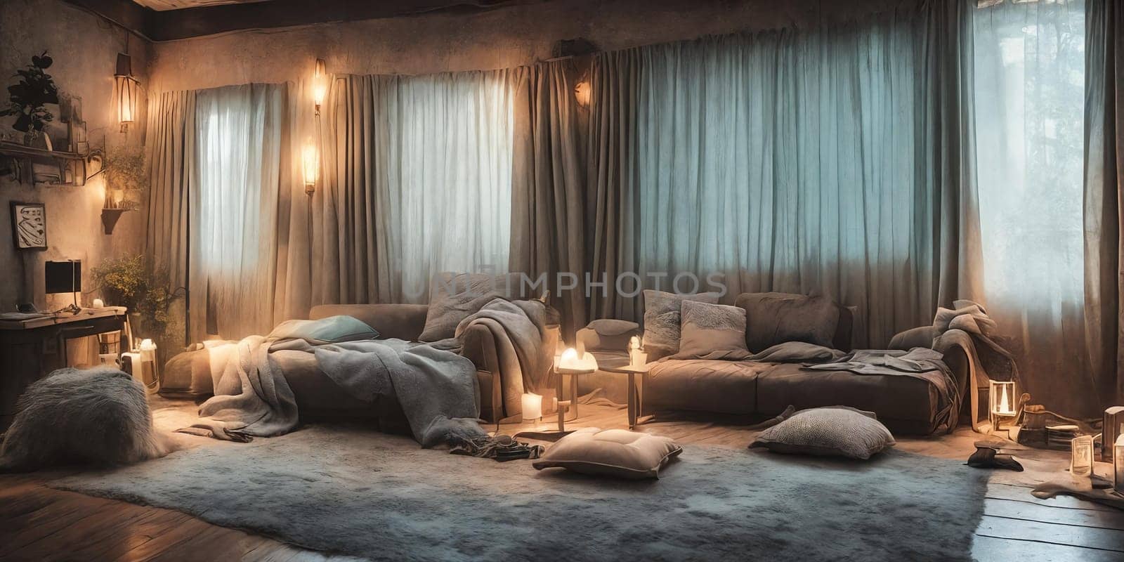 An abandoned house room bathed in the warm glow of sunset: dusty furniture, peeling wallpaper, light beams through dust windows. Generative AI