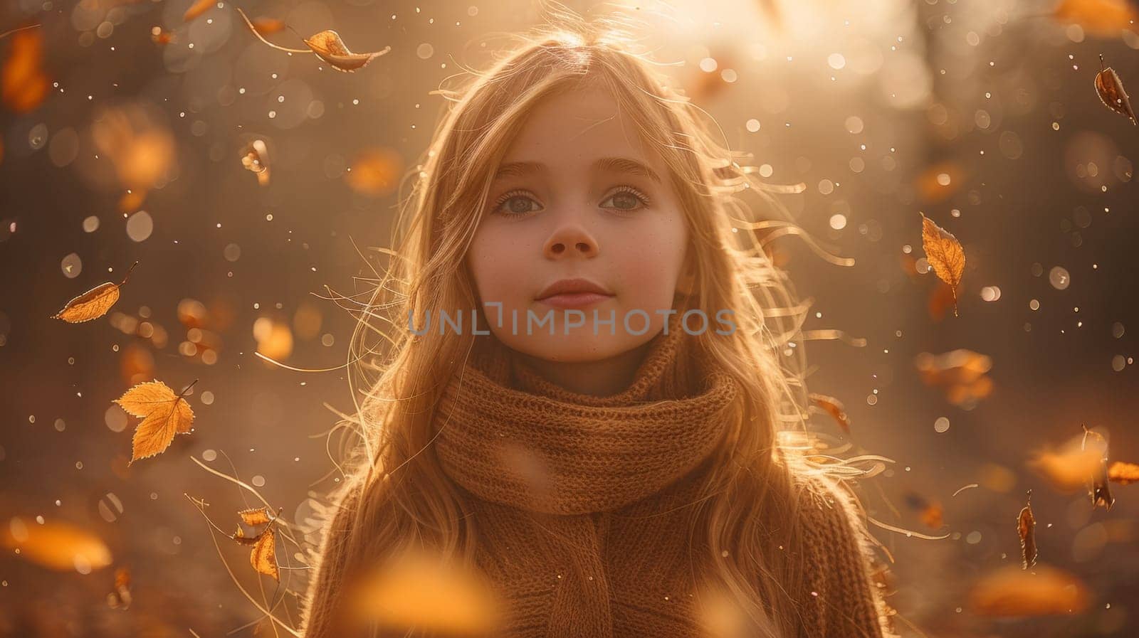 A young girl with blonde hair wearing a sweater in the rain, AI by starush