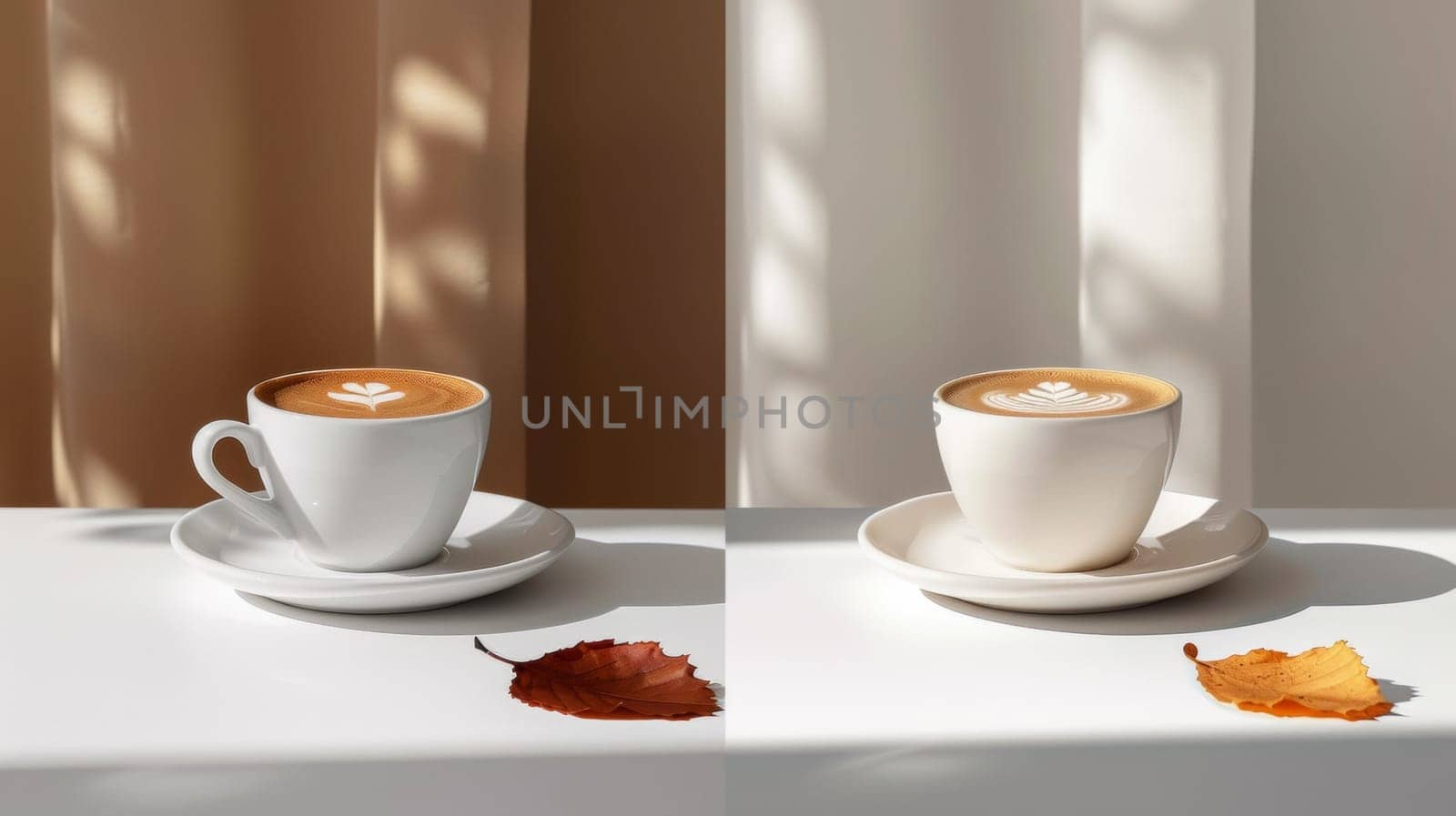 Two pictures of a cup with coffee and leaves on the table, AI by starush