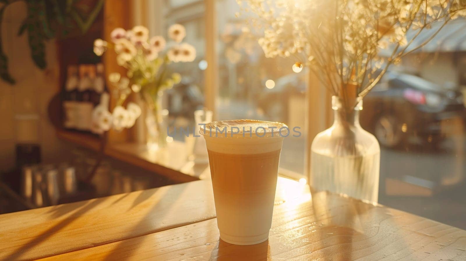 A cup of coffee sitting on a table next to some flowers
