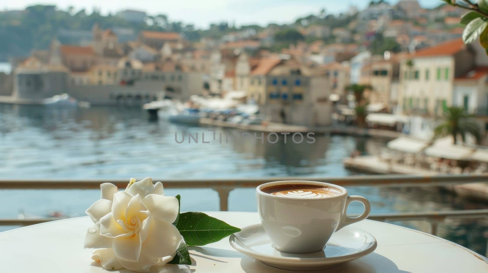 A cup of coffee and a flower on the table overlooking water, AI by starush