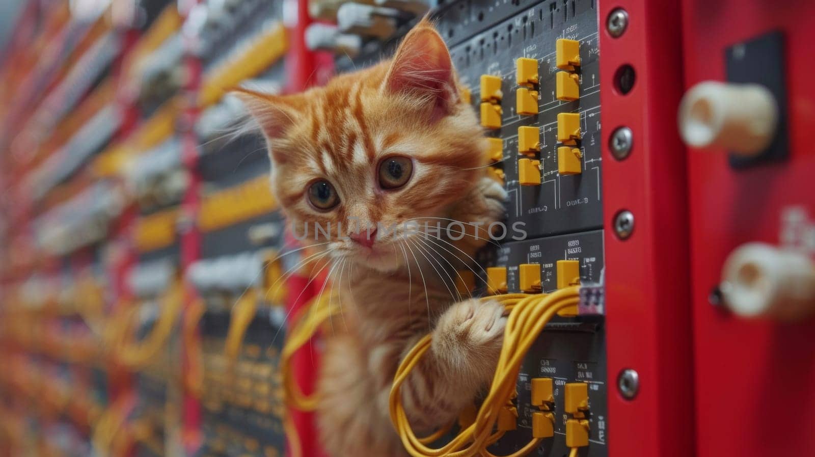 A cat is climbing on a wall of wires and switches