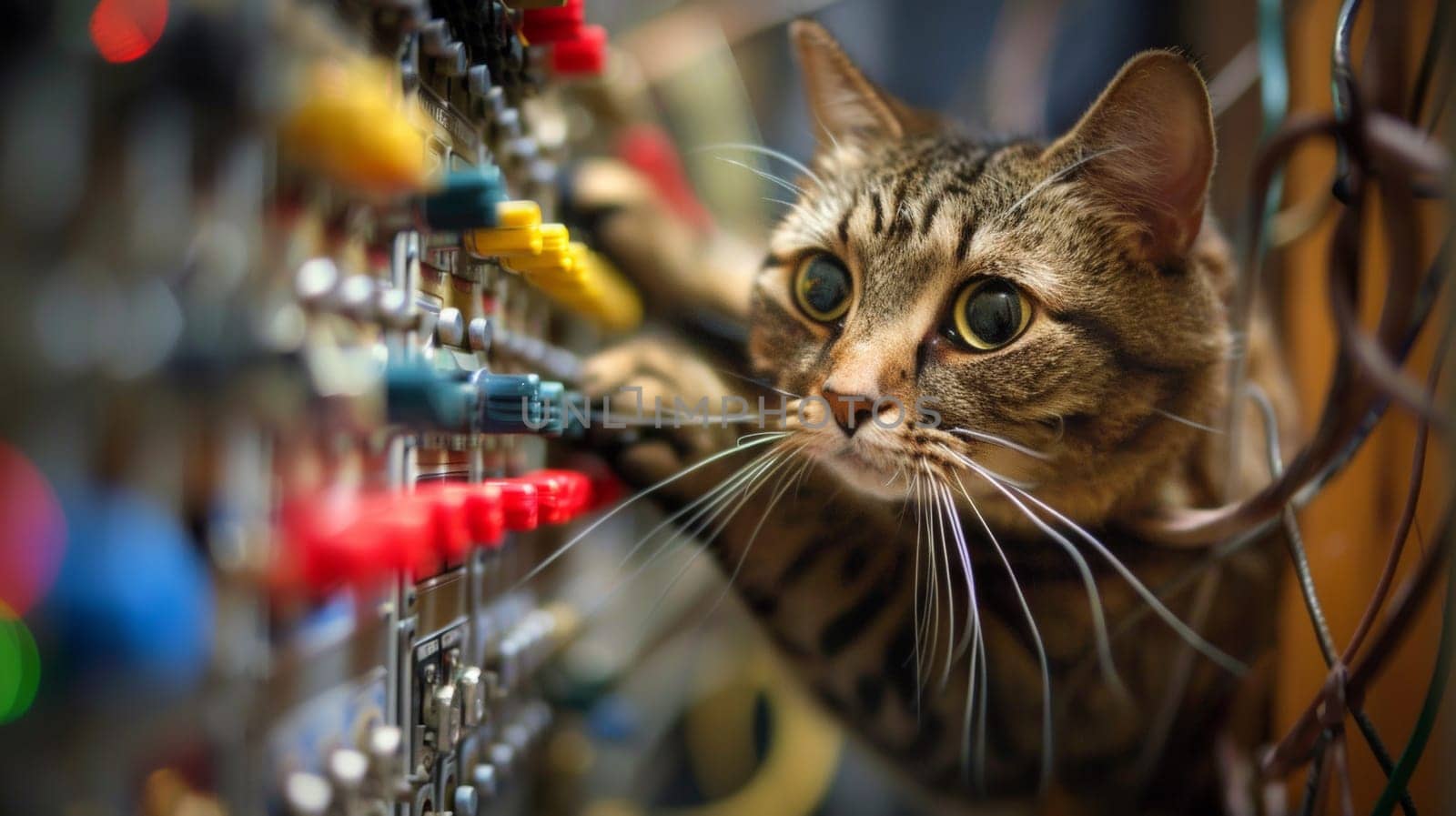 A cat is looking at a colorful set of wires and buttons