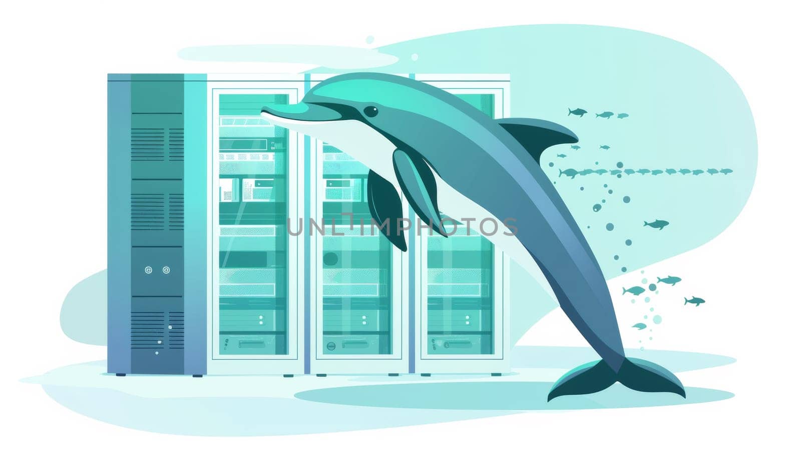 A dolphin jumping out of a server room with fish swimming around it