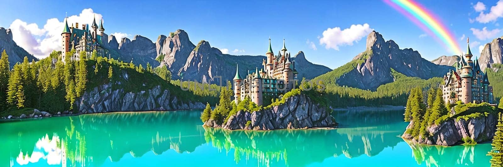 Magical fairy tale castle perched atop a rocky cliff overlooking a sparkling emerald lake, with turrets reaching towards the sky and a rainbow arching overhead